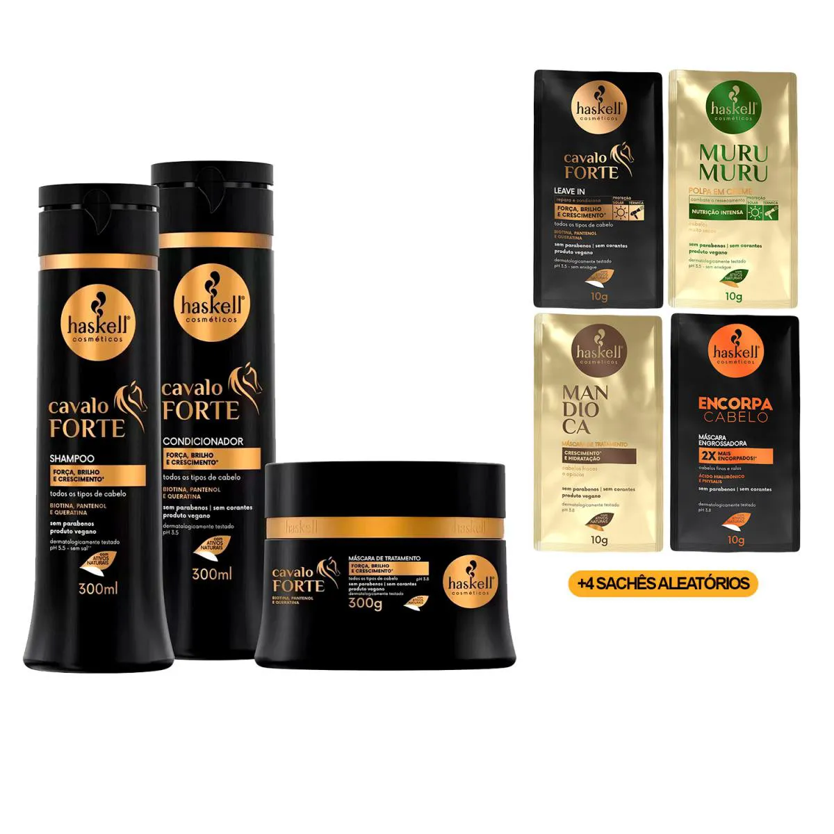 KIT HASKELL CAVALO FORTE TRIO CRESCE CABELO 300ML +4 SACHêS