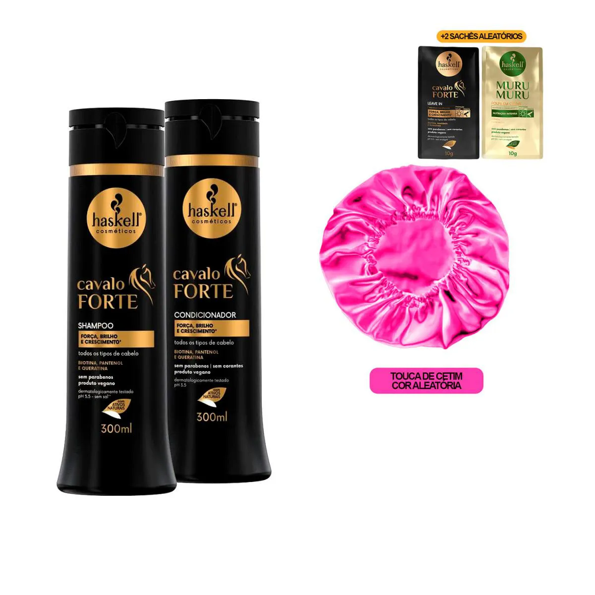 KIT HASKELL CAVALO FORTE SHP/COND 300ML +TOUCA/2SACHêS