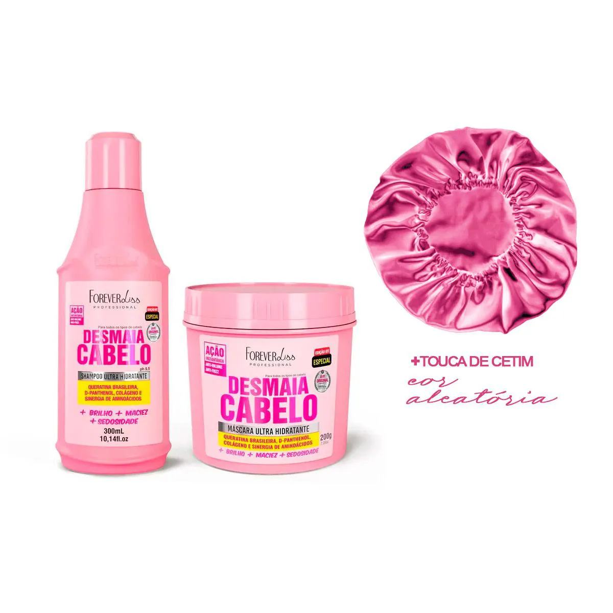 KIT DESMAIA CABELO FOREVER LISS SHP/MáSC 200G +TOUCA CETIM