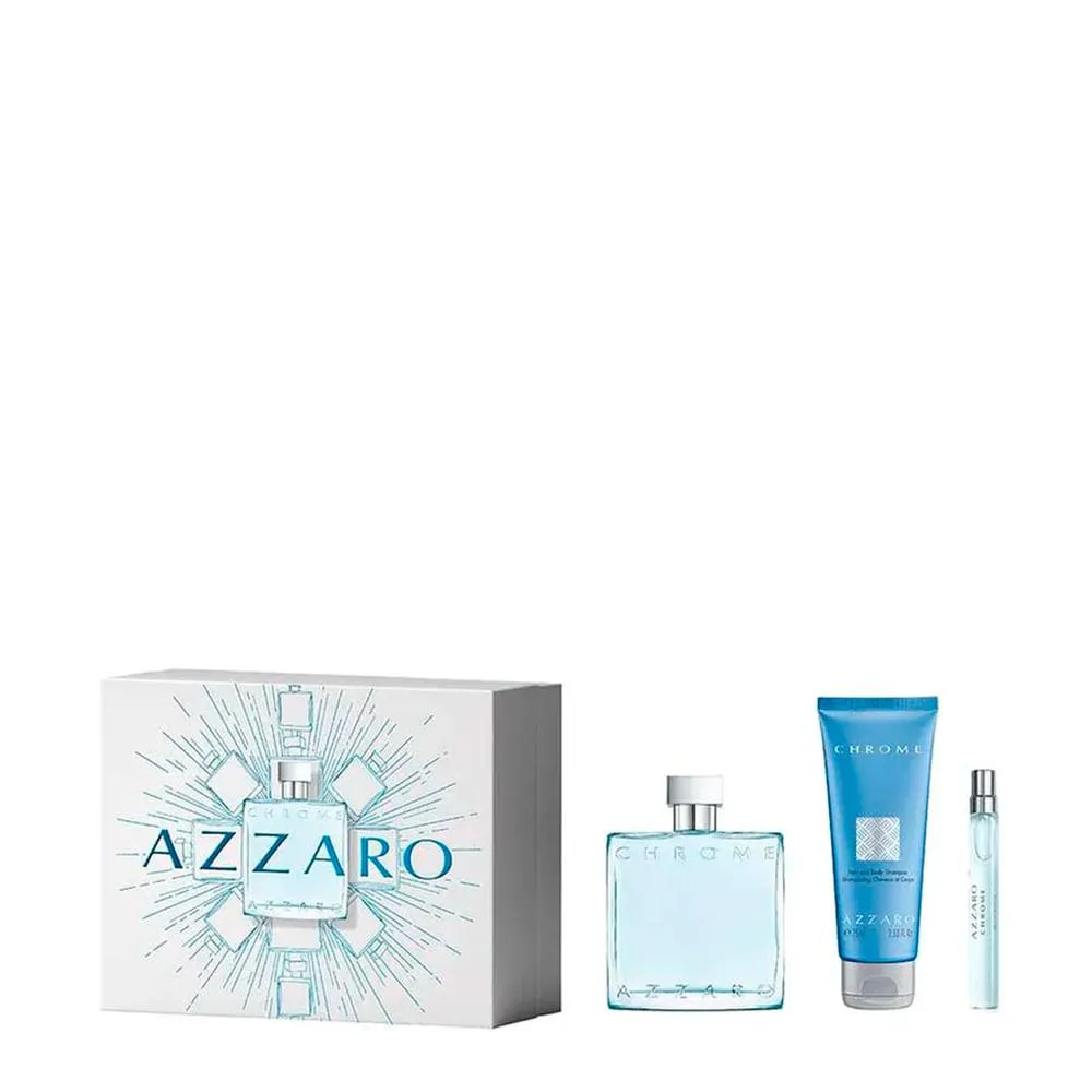 KIT AZZARO CHROME EAU DE TOILETTE - PERFUME MASCULINO 100ML + GEL DE BANHO 75ML + 10ML