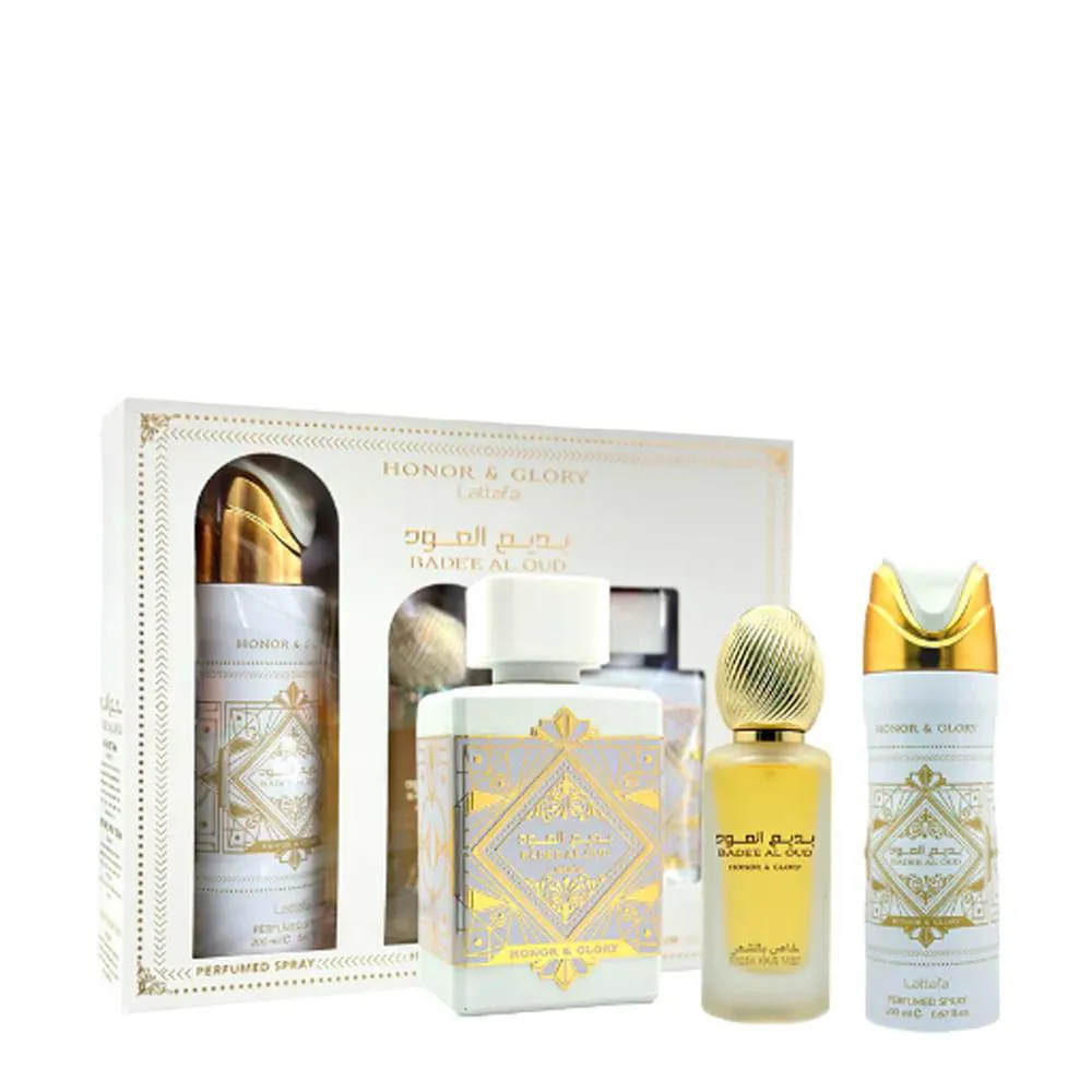 KIT LATAFFA BAEE AL OUD HONOR & GLORY - EDP 100ML + HAIR MIST 50ML + DESODORANTE 200ML