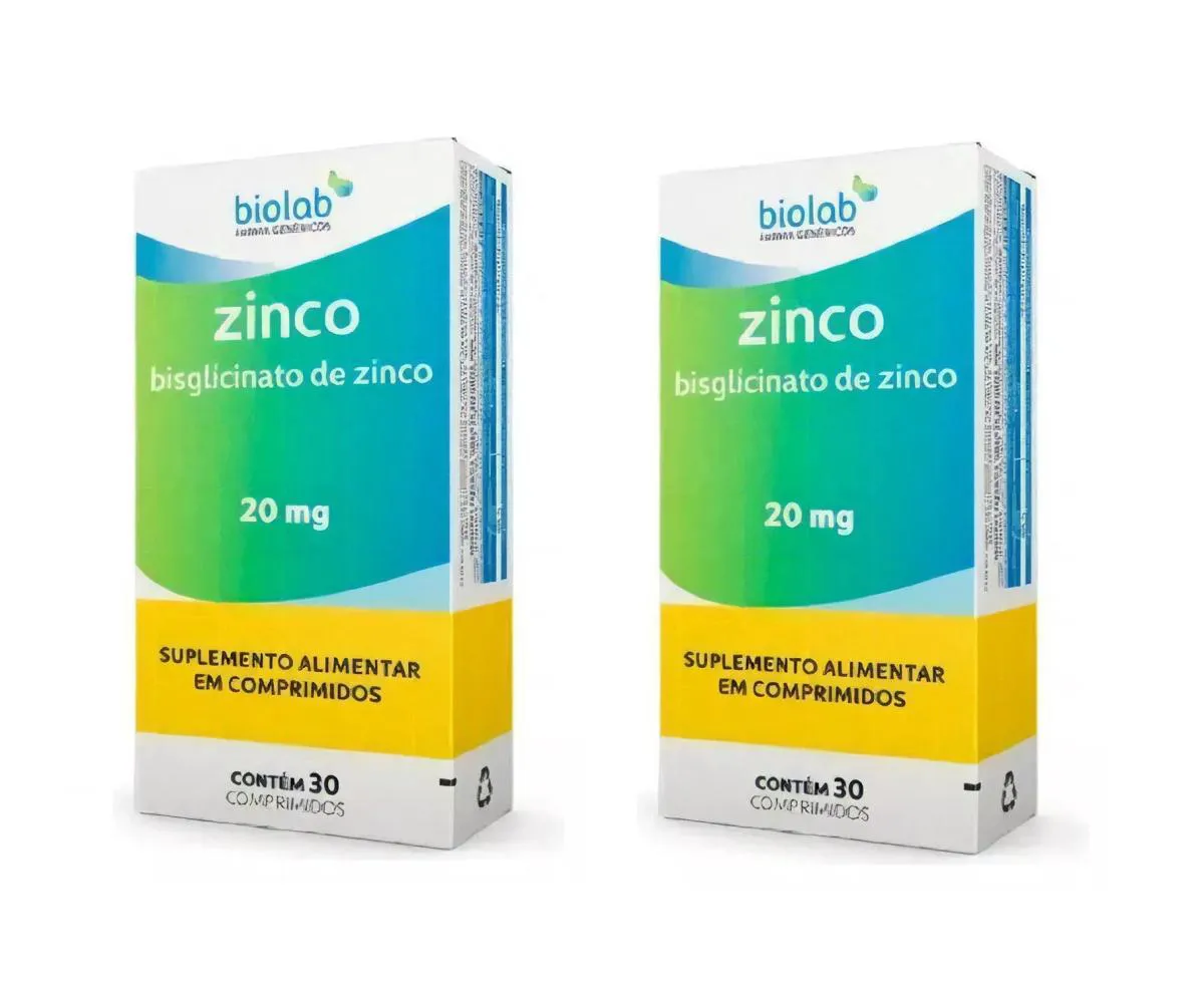 KIT 2 ZINCO QUELATO 20MG BIOLAB IMUNIDADE CABELOS 30CPS