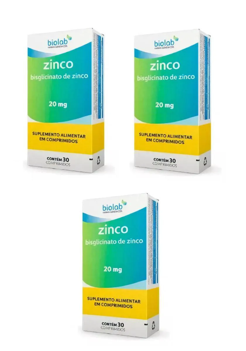 KIT 3 ZINCO QUELATO 20MG BIOLAB IMUNIDADE CABELOS 30CPS