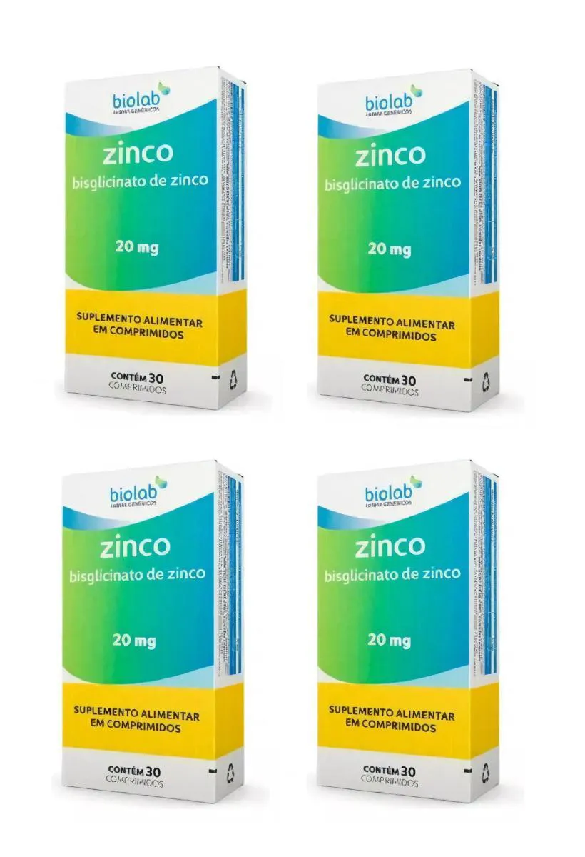 KIT 4 ZINCO QUELATO 20MG BIOLAB IMUNIDADE CABELOS 30CPS