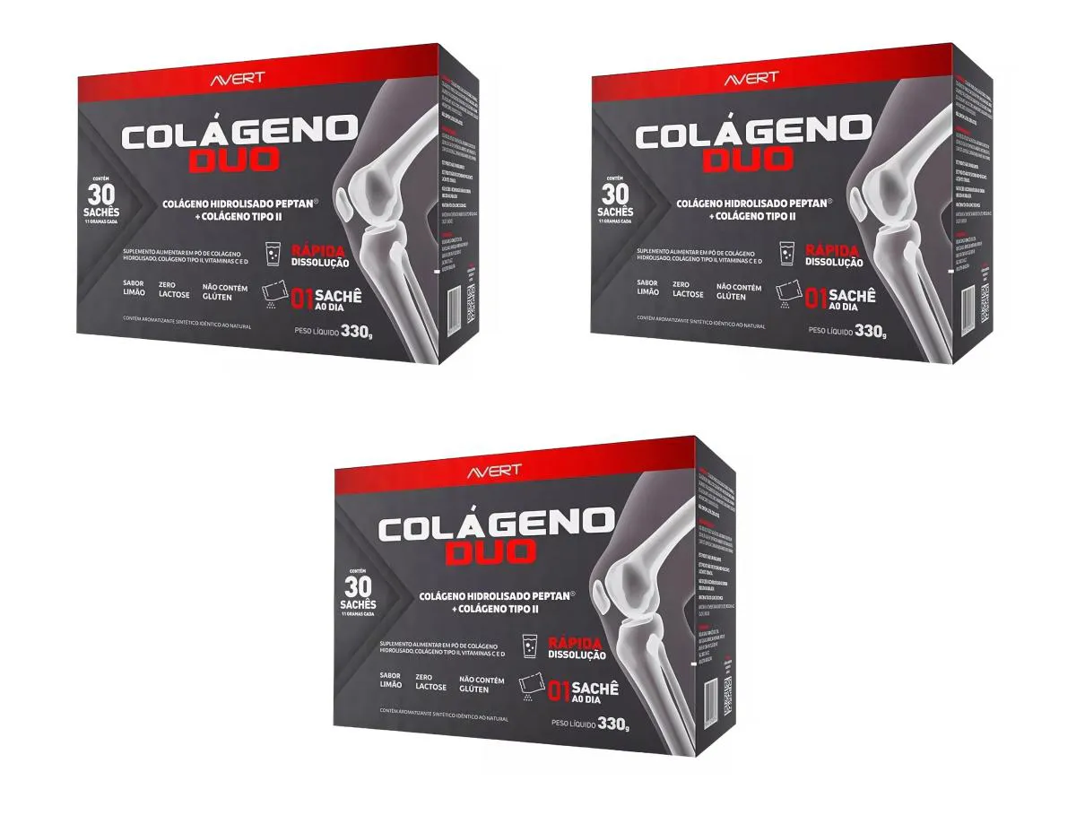 KIT 3 SUPLEMENTO AVERT COLáGENO DUO TIPO 2 VITAMINA 30SACHêS