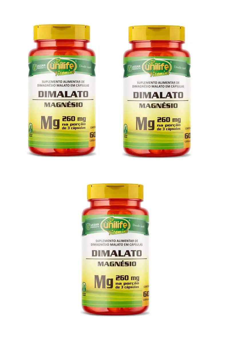 KIT 3 SUPLEMENTO UNILIFE MAGNéSIO DIMALATO 260MG 60CPS