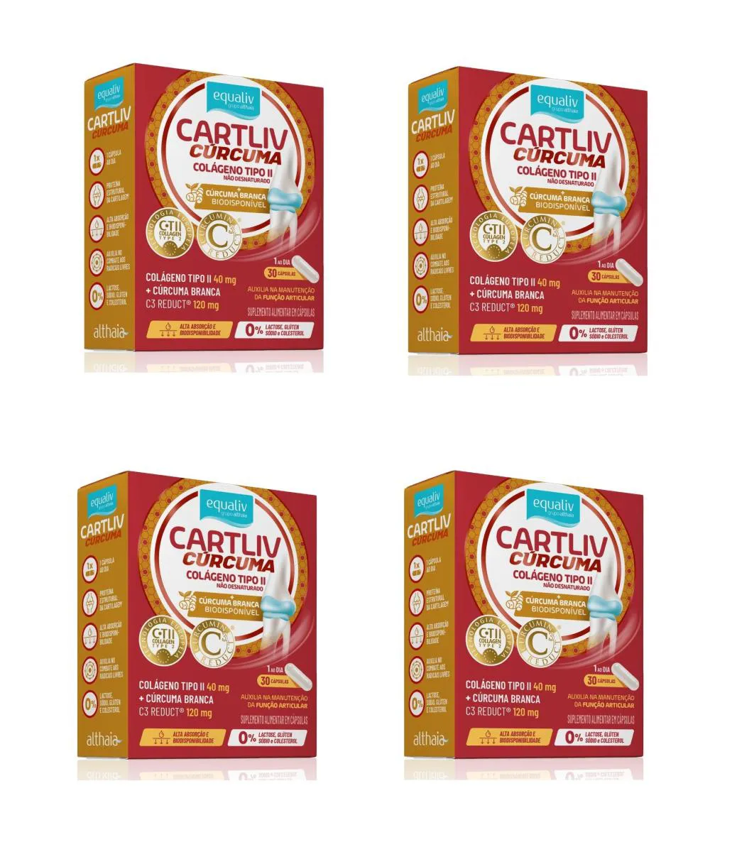 KIT 4 SUPLEMENTO EQUALIV CARTLIV CúRCUMA COLáGENO TIPO 2 30CPS