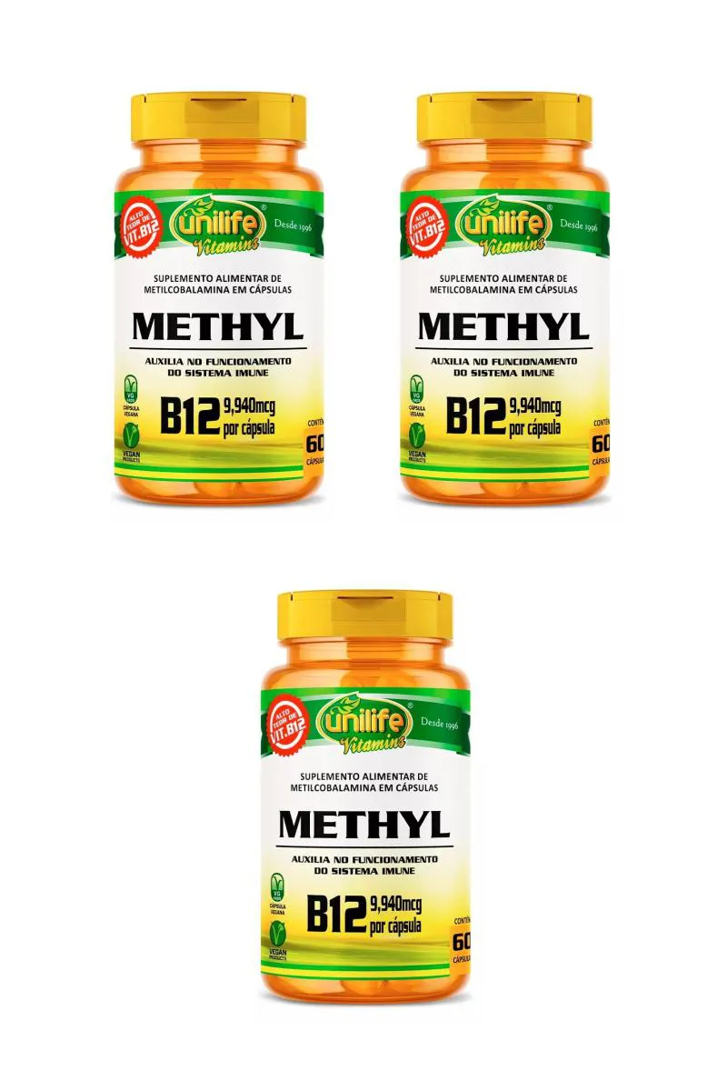 KIT 3 SUPLEMENTO UNILIFE VITAMINA B12 METILCOBALAMINA METHYL 60CPS