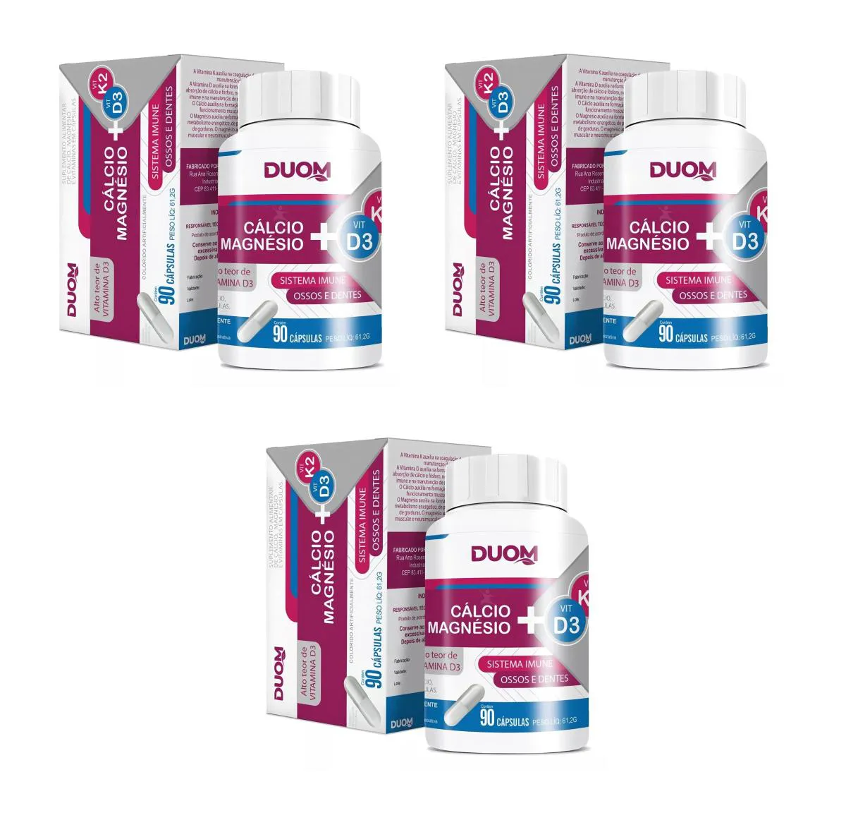 KIT 3 SUPLEMENTO CáLCIO + MAGNéSIO + VIT D3 + VIT K2 DUOM 90CPS