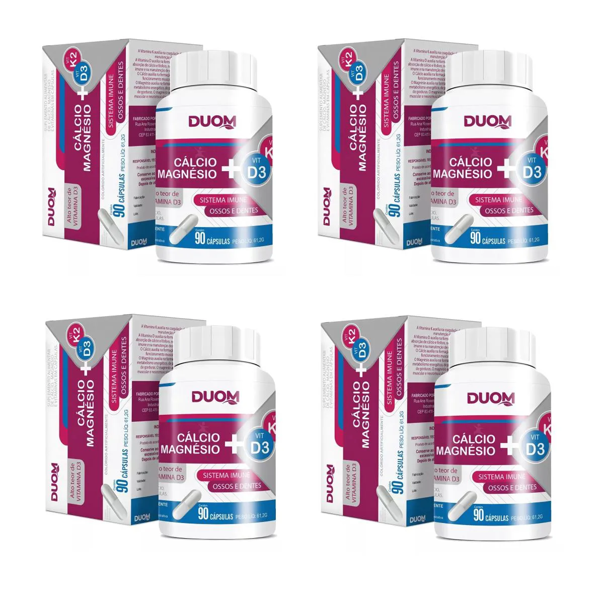 KIT 4 SUPLEMENTO CáLCIO + MAGNéSIO + VIT D3 + VIT K2 DUOM 90CPS