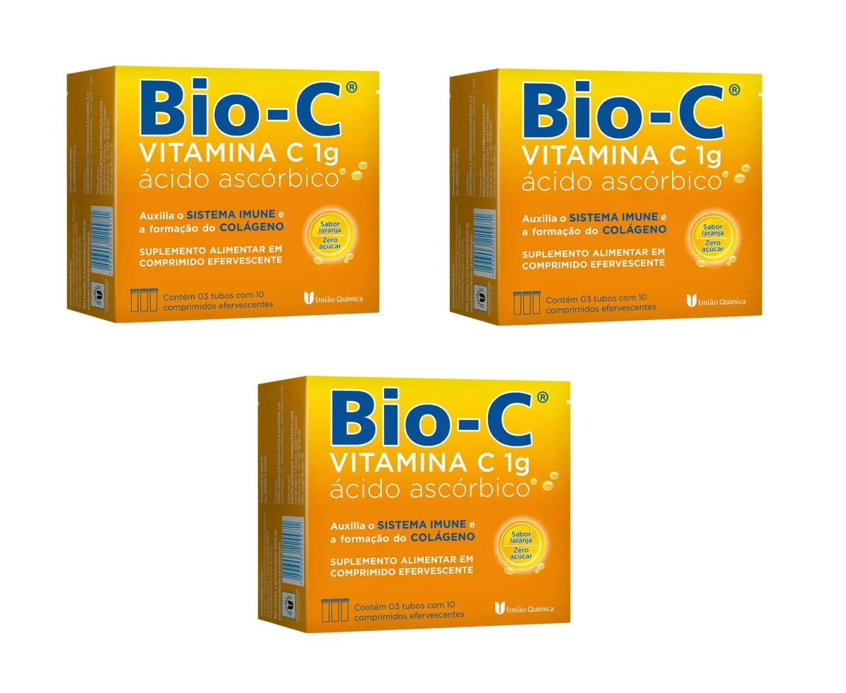 KIT 3 VITAMINA C BIO-C 1G ÁCIDO ASCóRBICO 30CP EFERVESCENTES