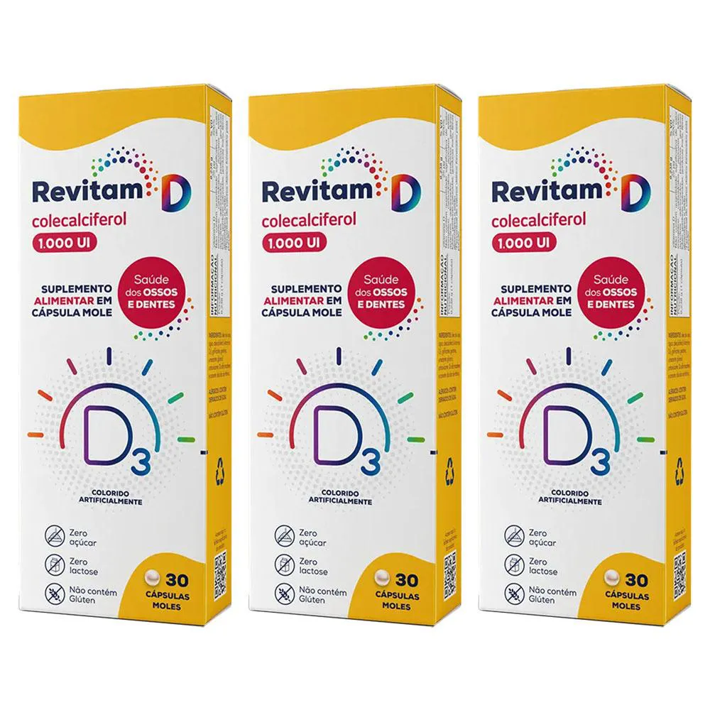 KIT 3 SUPLEMENTO VITAMíNICO REVITAM D3 1000UI 30CPS - AVERT