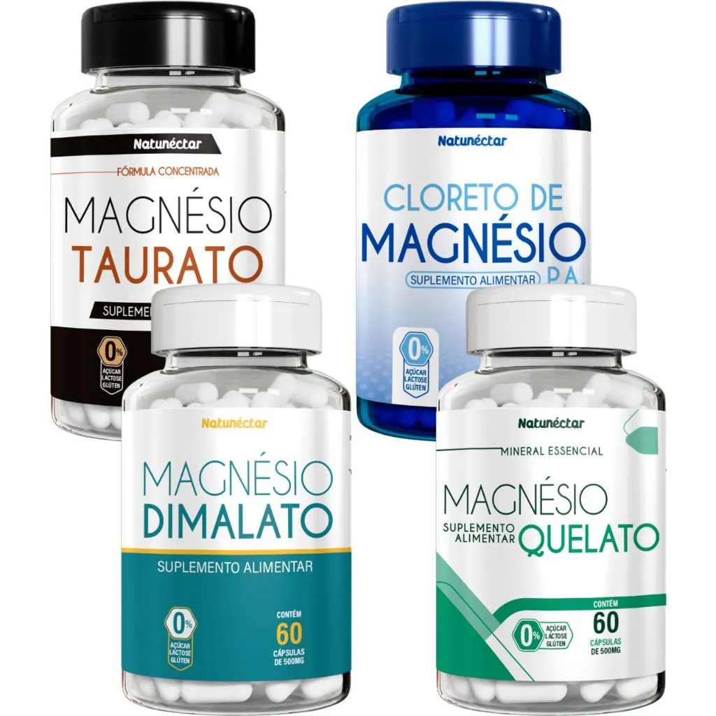 KIT 4 MAGNéSIO - MAGNéSIO DIMALATO,MAGNéSIO QUELATO,MAGNéSIO TAURATO,CLORETO DE MAGNéSIO - NATUNéCTAR