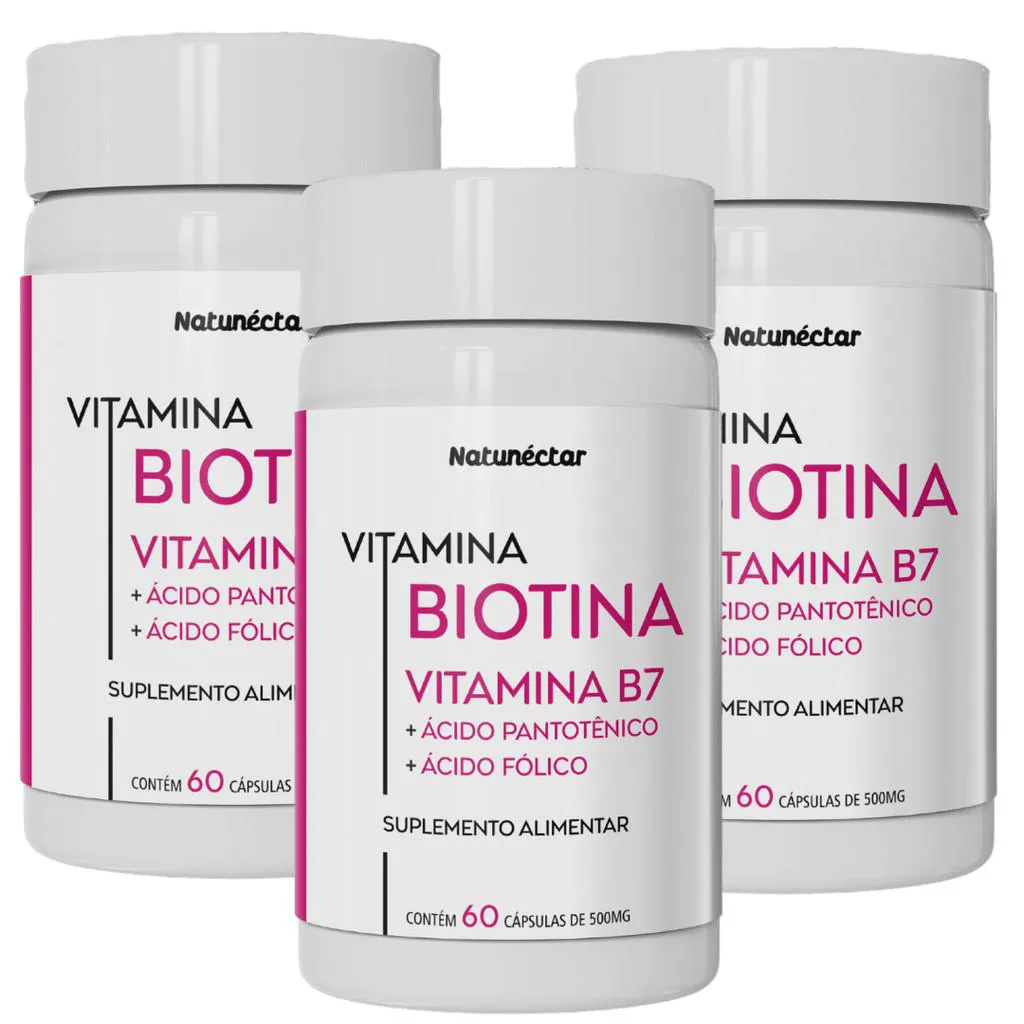 Kit 3 Biotina Vitamina B7,B5 E B9 Fortalecedor De Unhas E Cabelo 500Mg 60 Cápsulas