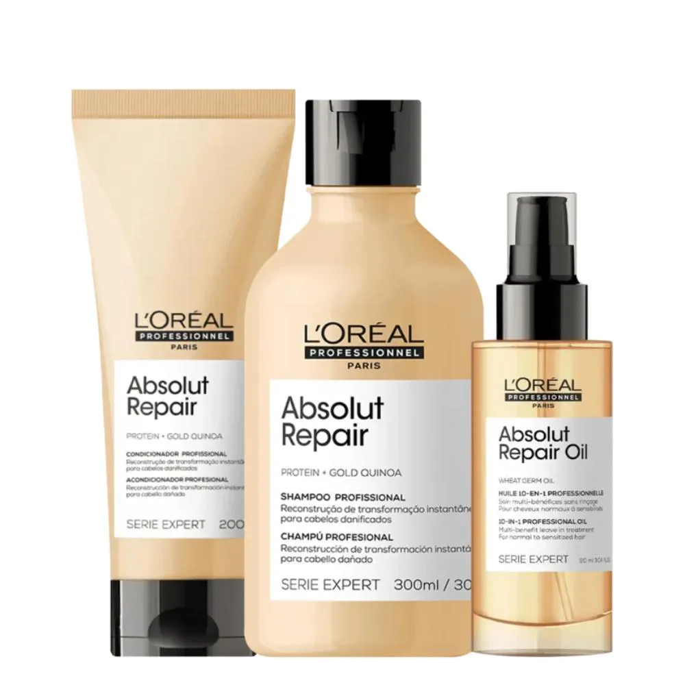 KIT LORéAL PROFESSIONNEL ABSOLUT REPAIR GOLD QUINOA + PROTEIN TRIPLO (3 PRODUTOS)