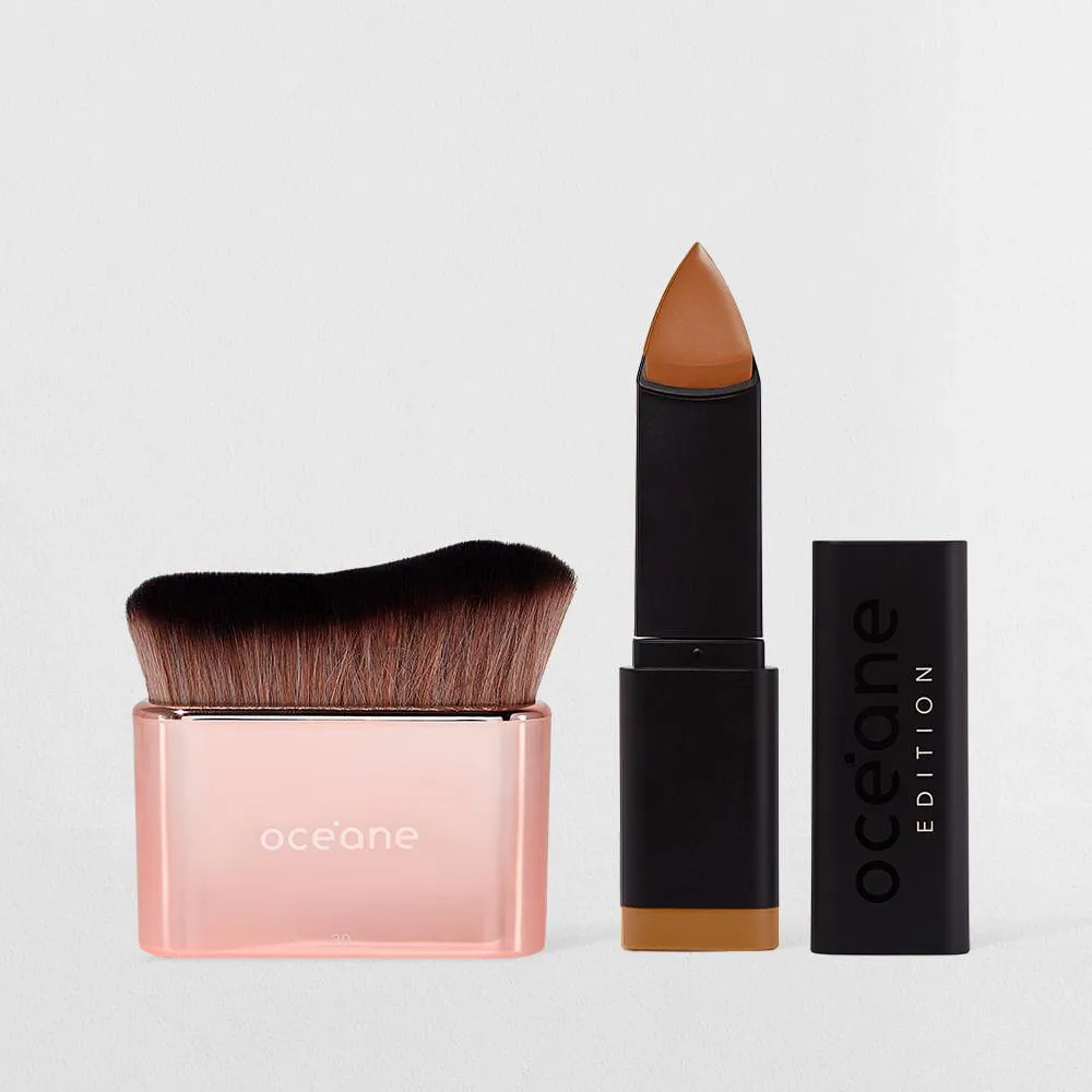 KIT BASE EM BASTãO COGNAC + PINCEL DE MAQUIAGEM MULTIFUNCIONAL (2 PRODUTOS)
