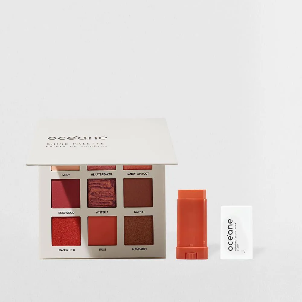 KIT BLUSH EM BASTãO LARANJA + PALETA DE SOMBRAS SHINE OCéANE LIMITED (2 PRODUTOS)