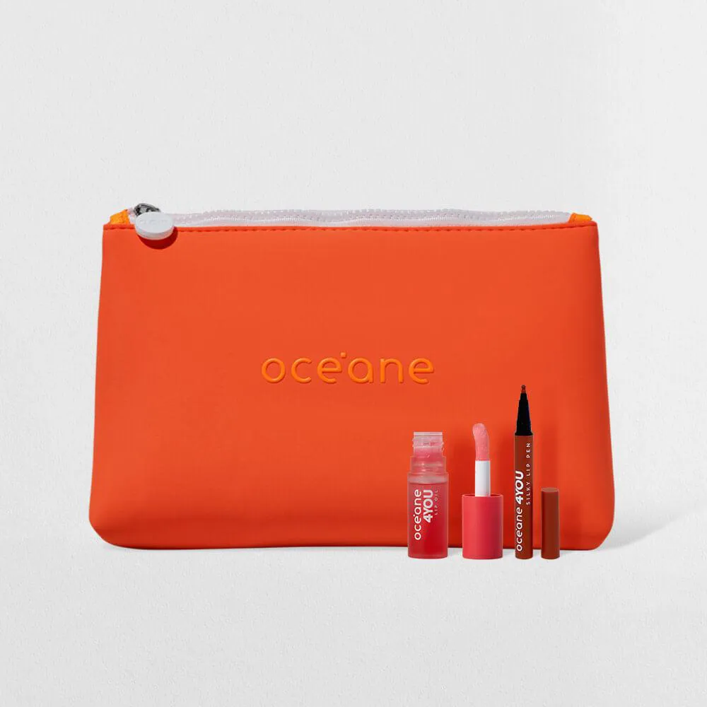 KIT LIP OIL ROSA + CANETA BATOM NUDE + NéCESSAIRE NEOPRENE LARANJA 4YOU (3 PRODUTOS)