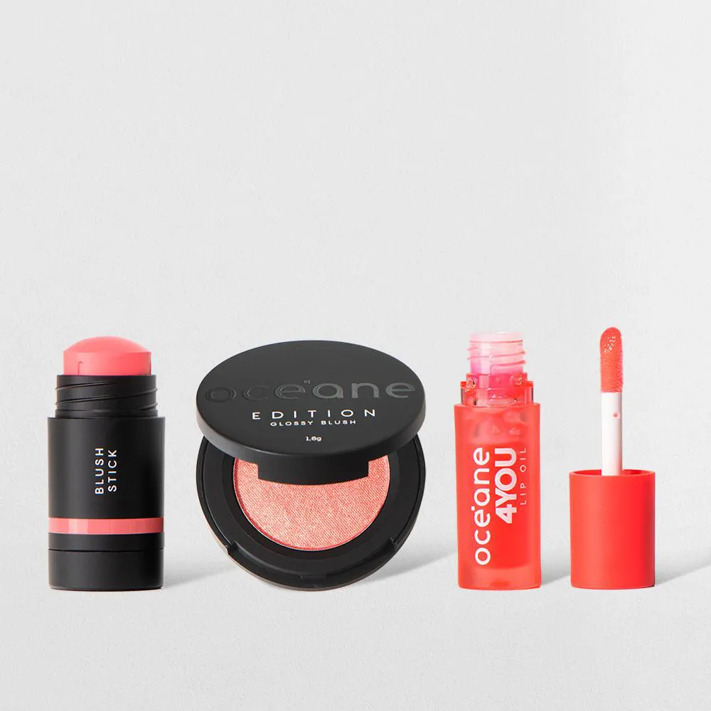 KIT MINI BLUSH EM BASTãO ROSA CLARO + MINI BLUSH CINTILANTE + MINI LIP OIL (3 PRODUTOS)