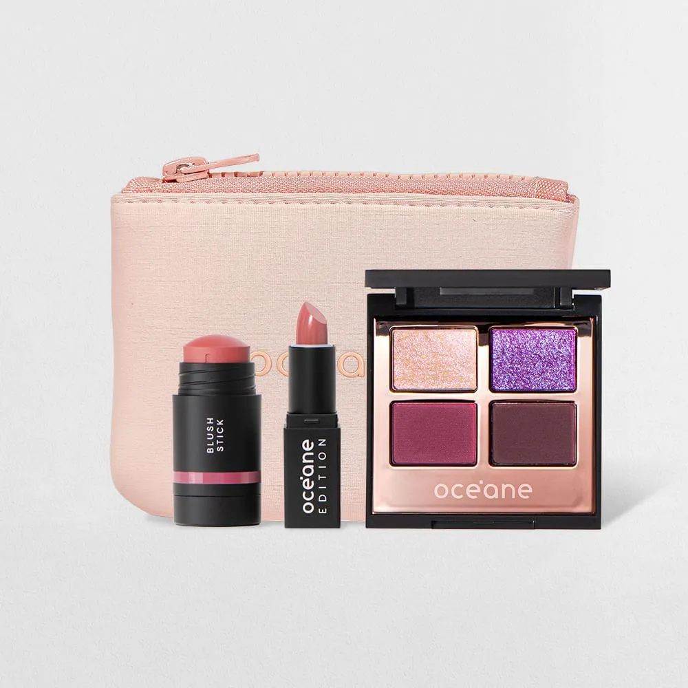 KIT MINI BLUSH EM BASTãO ROSA + MINI BATOM NUDE SEMI-MATTE + NIGHT GLAM + MINI DAILY MAKEUP (4 PRODUTOS)