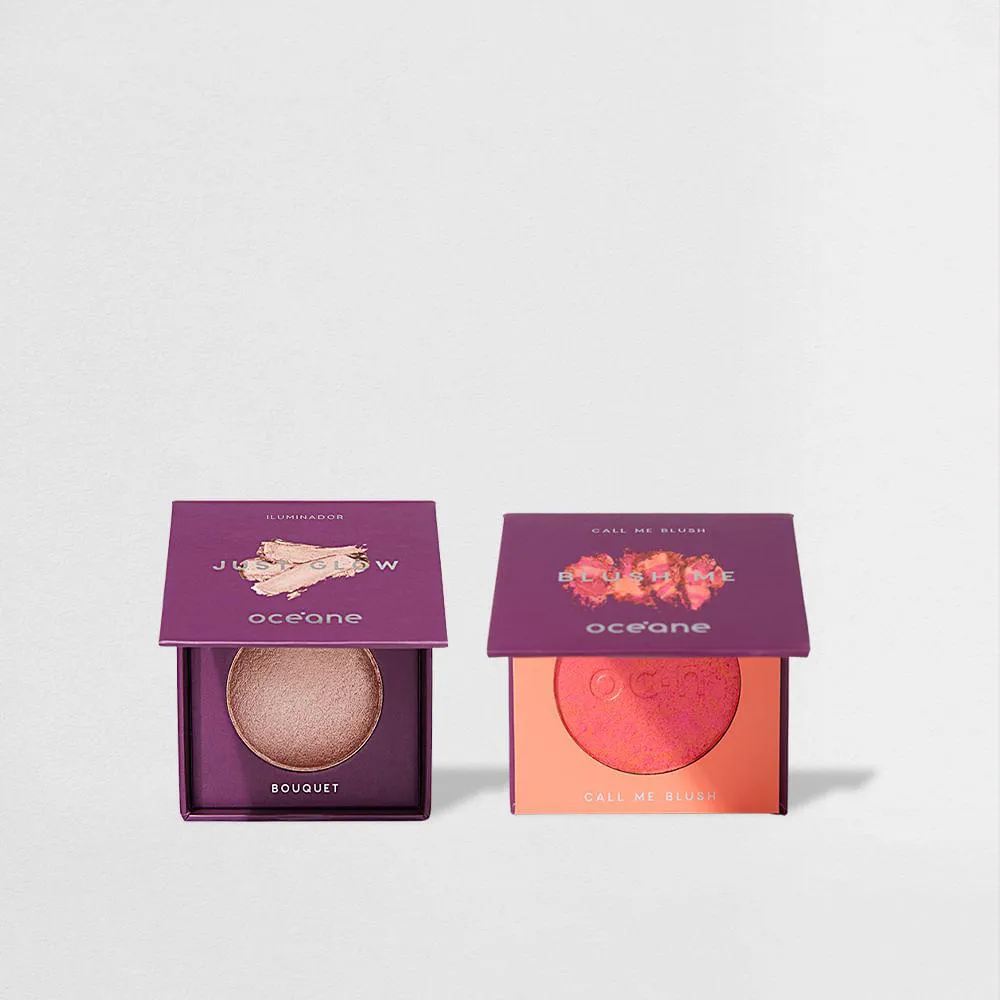 KIT BLUSH LARANJA CALL ME + JUST GLOW ILUMINADOR BOUQUET ROSA OCéANE PURPLE (2 PRODUTOS)