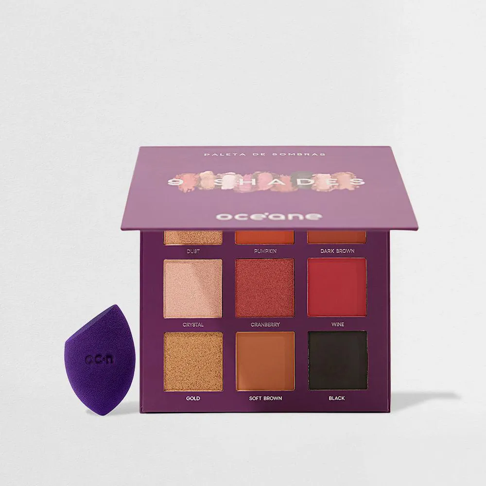 KIT PALETA DE SOMBRAS 9 SHADES + FLAT BLEND ROXA OCéANE PURPLE (2 PRODUTOS)