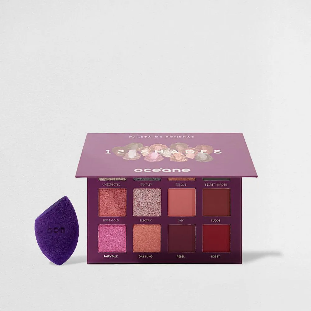 KIT PALETA DE SOMBRAS 12 SHADES + FLAT BLEND ROXA OCéANE PURPLE (2 PRODUTOS)