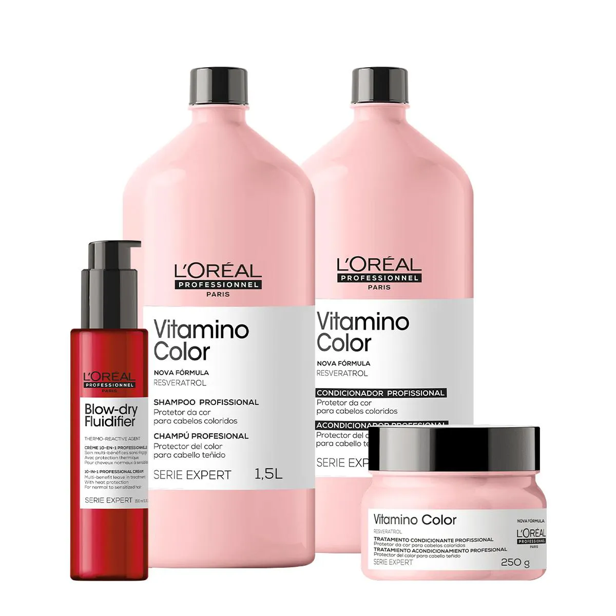KIT LORéAL PROFESSIONNEL VITAMINO COLOR SHAMPOO CONDICIONADOR MáSCARA E BLOW DRY FLUIDIFIER (4 PRODUTOS)