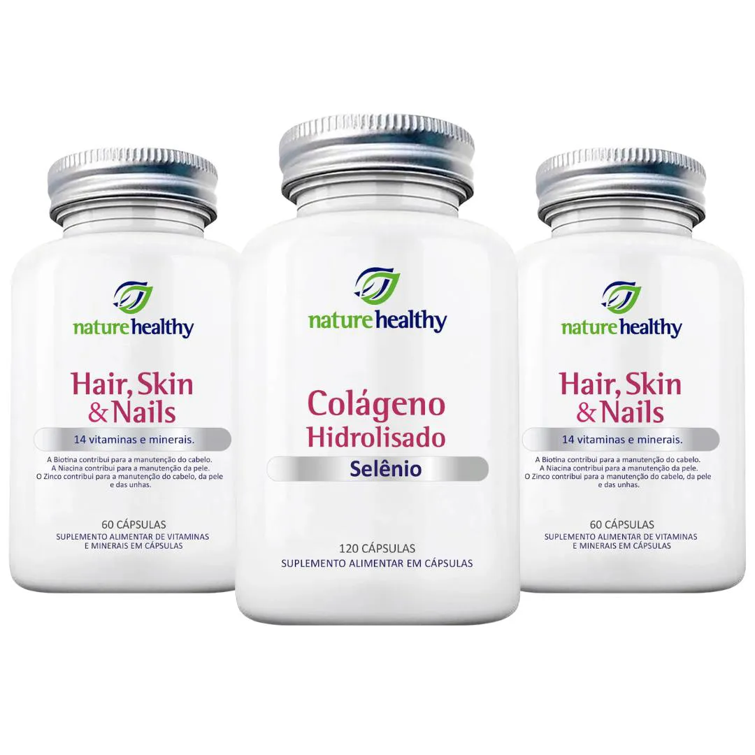 KIT CABELOS - 2 HAIR, SKIN & NAILS 60 CÁPS + 1 COLÁGENO HIDROLISADO 400MG C/ SELENIO 120 CÁPS NATURE HEALTHY