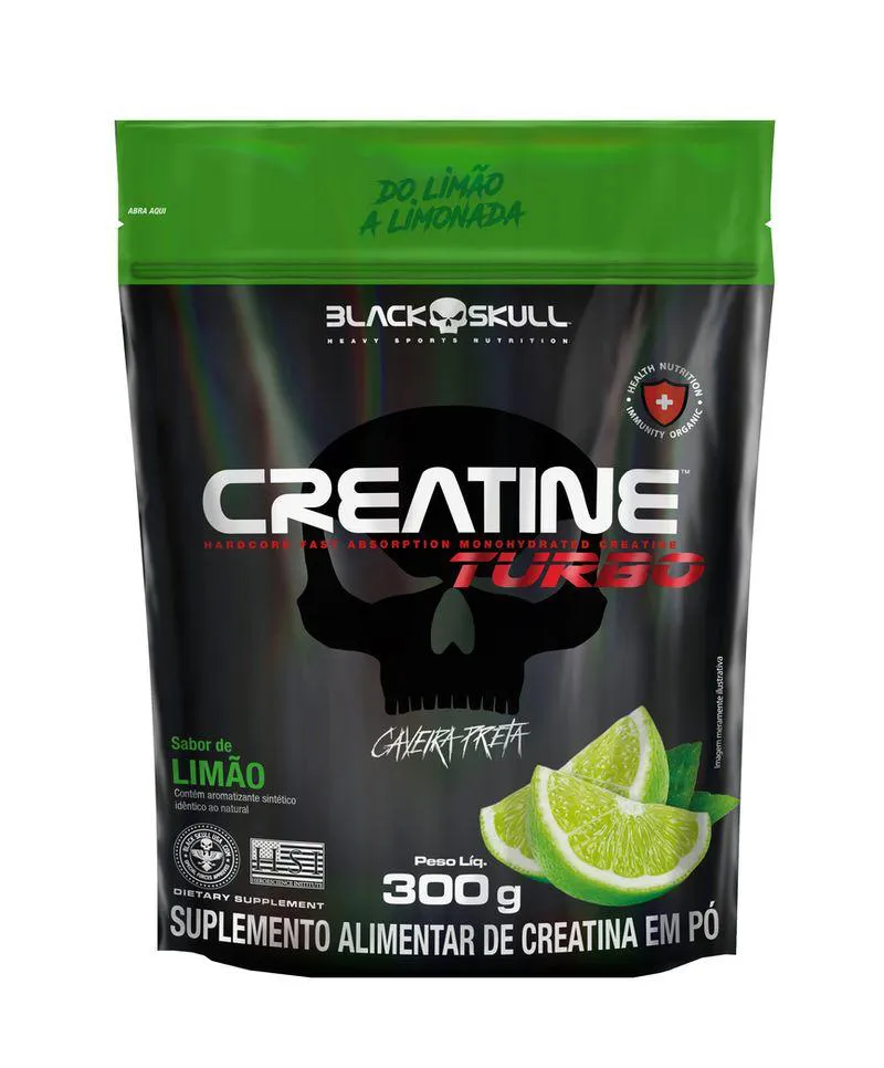 CREATINA TURBO MONOHIDRATADA 300G REFIL - BLACK SKULL CAVEIRA PRETA - SABOR LIMãO 300 G
