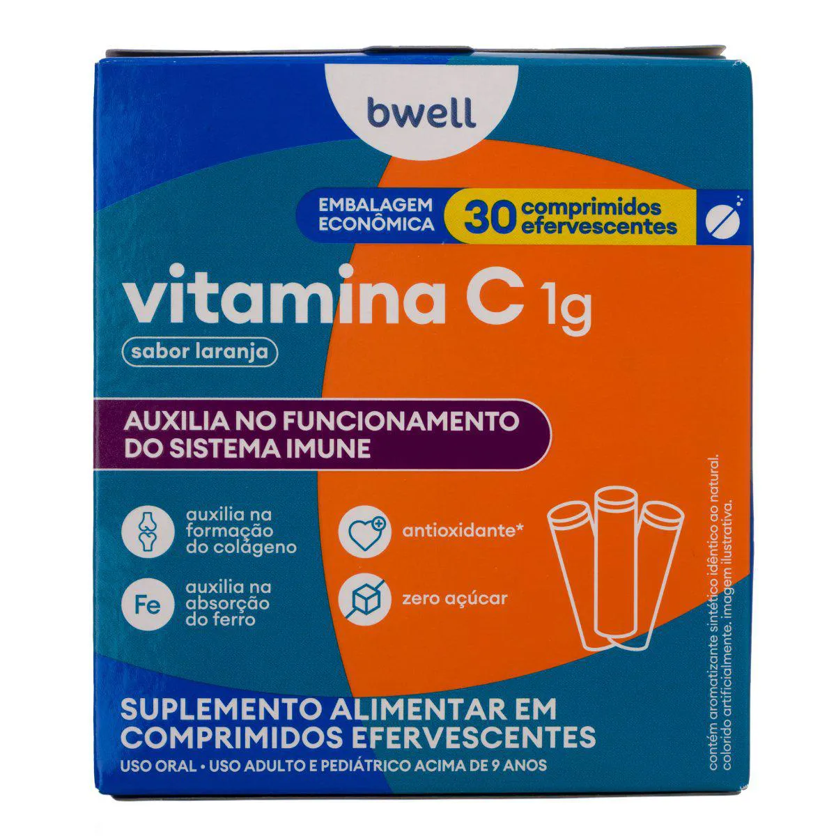  Vitamina C Efervescente 1g bwell Sabor Laranja 30 comprimidos