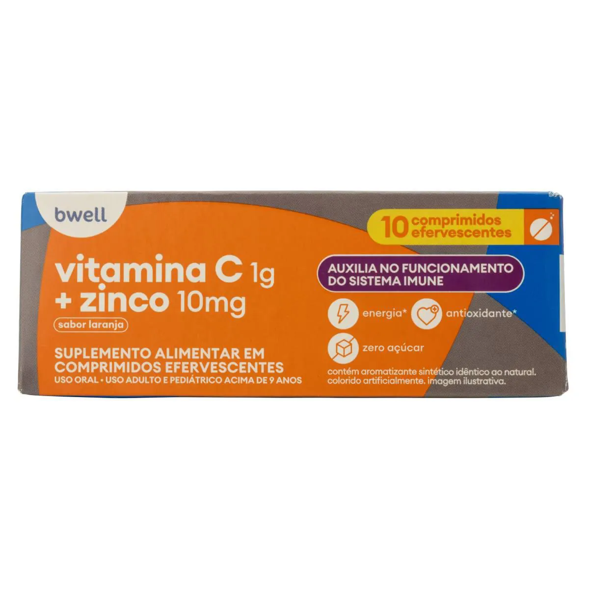 Vitamina C Efervescente 1g + Zinco 10mg bwell Sabor Laranja 10 comprimidos