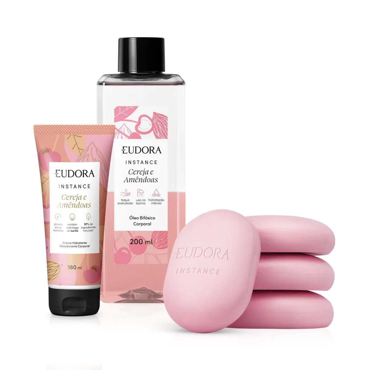 KIT INSTANCE CEREJA E AMêNDOAS: ÓLEO CORPORAL 200ML + LOçãO CORPORAL 180ML + SABONETE EM BARRA 80G