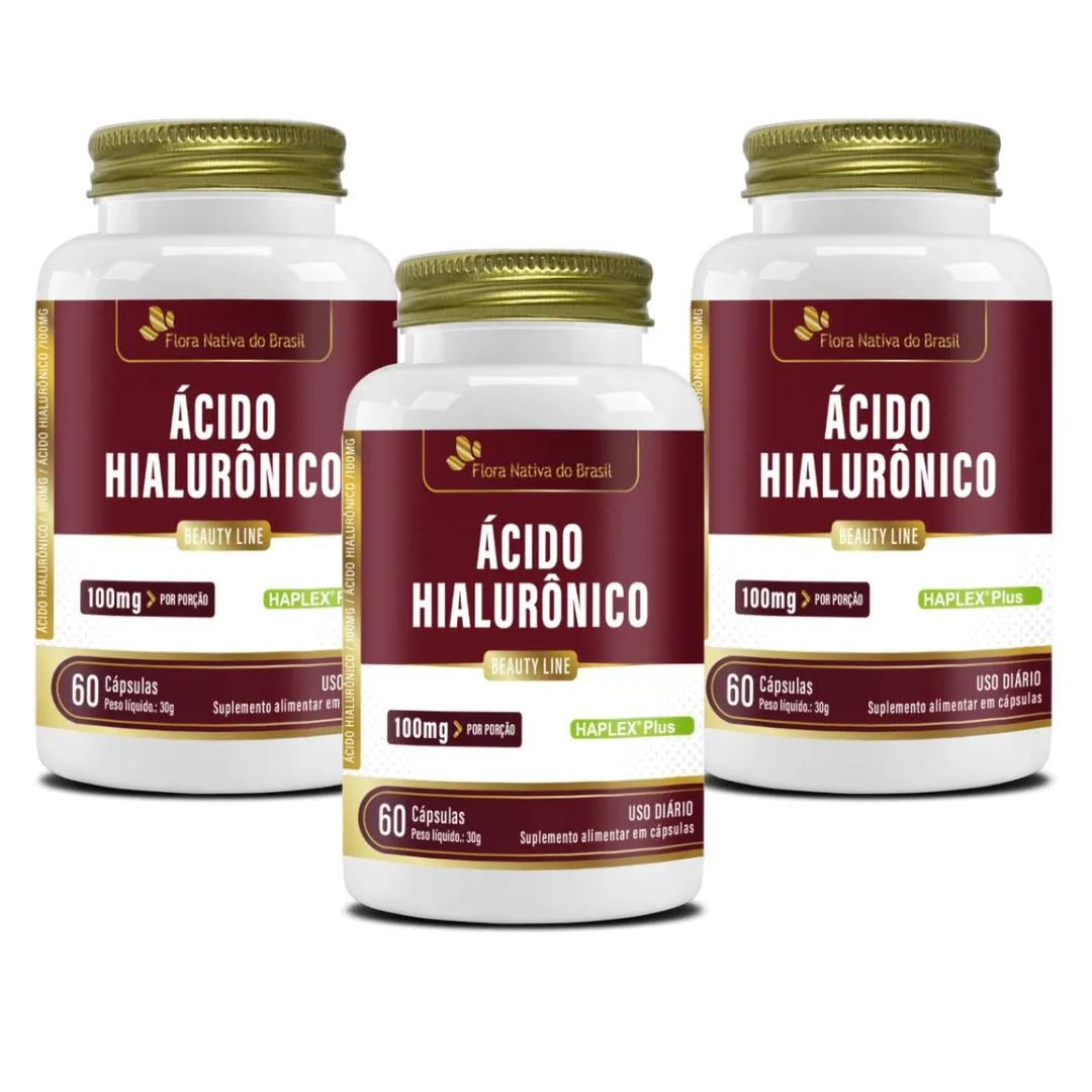 KIT COM 03 - ÁCIDO HIALURôNICO 100MG P/PORçãO 60 CáPSULAS FLORA NATIVA