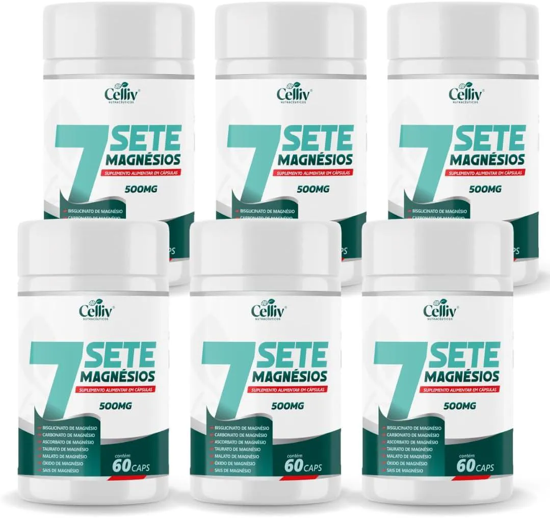 KIT COM 06-7SETE MAGNéSIOS (BISGLICINATO, CARBONATO, ASCORBATO, TAURATO, MALATO +) 60 CAPS 500MG CELLIV