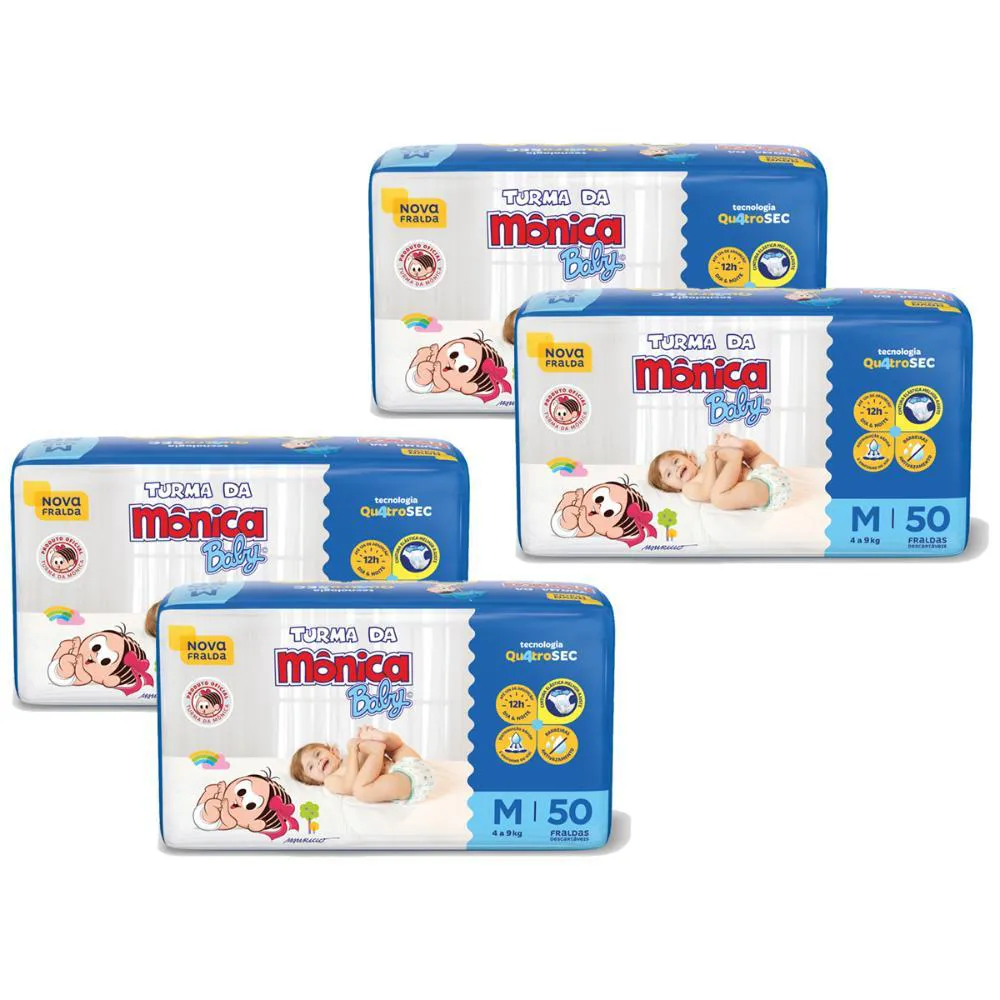 KIT 4 FRALDAS TURMA DA MôNICA BABY MEGA M COM 50UN CADA