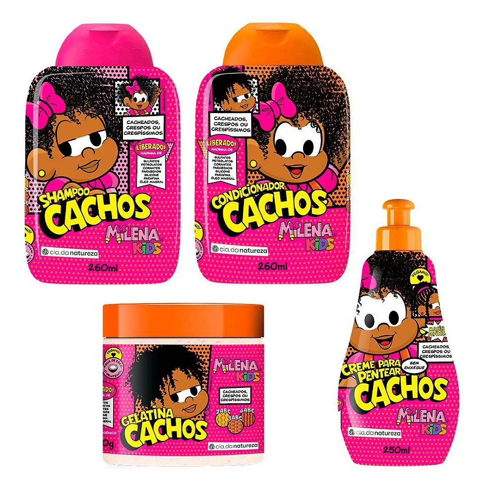 KIT MILENA INFANTIL CABELOS ONDULADOS, CACHEADOS E CRESPOS SHAMPOO + CONDICIONADOR + GELATINA CACHOS + CREME PENTEAR