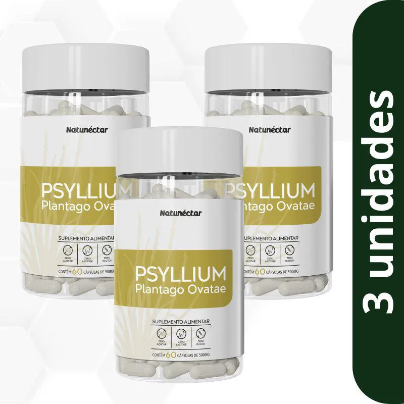 Kit Psyllium 640mg Fibras Alimentar Que Promovem Saciedade Natunectar - 3 unid (180 cáps)