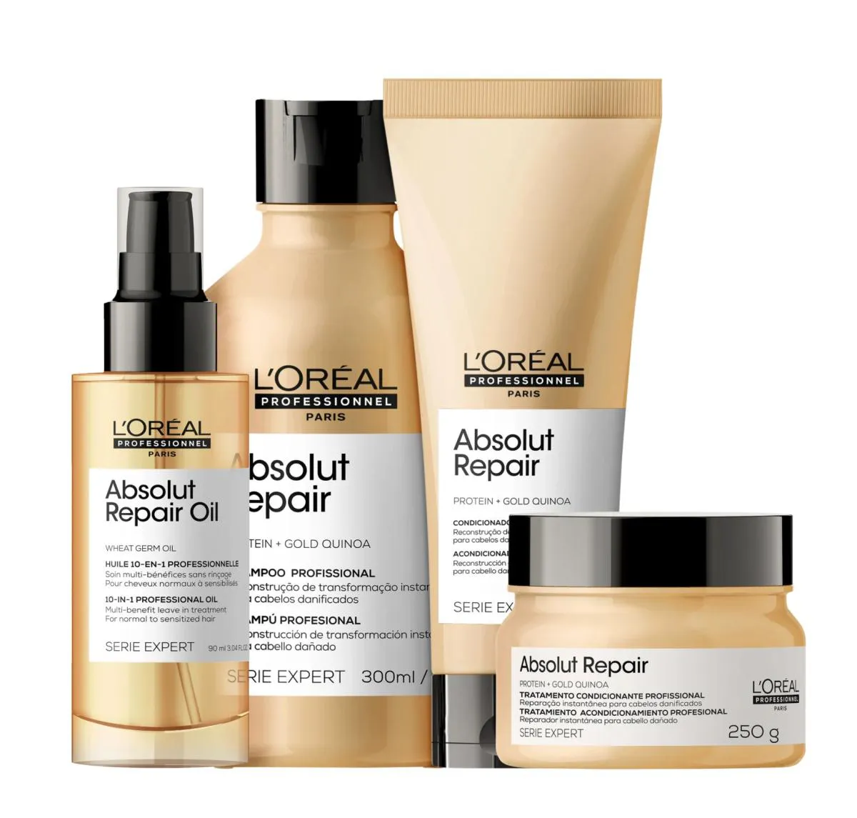 Kit L'Oréal Professionnel Absolut Repair Gold Quinoa + Protein Quarteto (4 Produtos) - Shampoo 300ml + Condicionador 200ml + Máscara 250g + Óleo 90ml