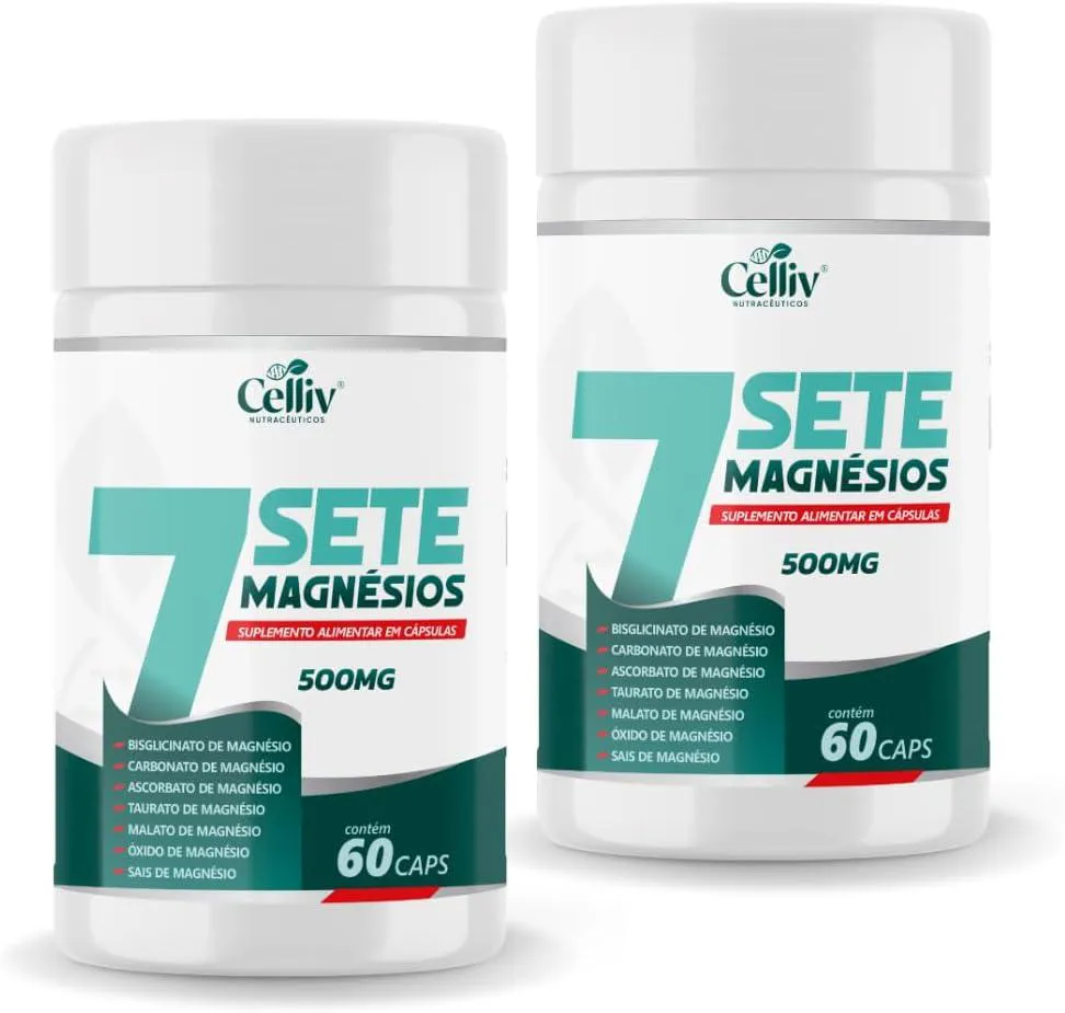 KIT 2X -7SETE MAGNéSIOS (BISGLICINATO,CARBONATO,ASCORBATO,TAURATO,MALATO +) 60 CAPS 500MG CELLIV