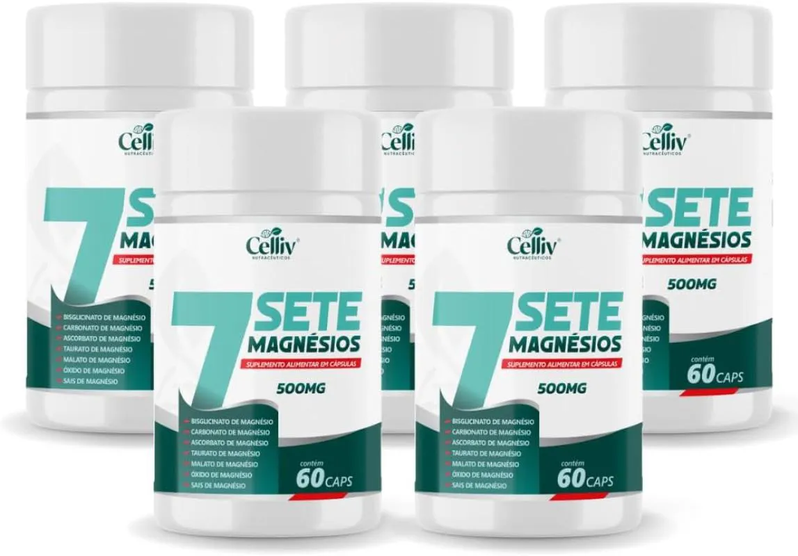 KIT 05X -7SETE MAGNéSIOS (BISGLICINATO,CARBONATO,ASCORBATO,TAURATO, MALATO +) 60 CAPS 500MG CELLIV