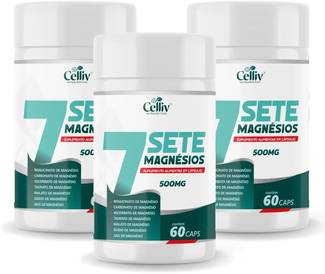 KIT 3X -7SETE MAGNéSIOS (BISGLICINATO,CARBONATO,ASCORBATO,TAURATO,MALATO +) 60 CAPS 500MG CELLIV