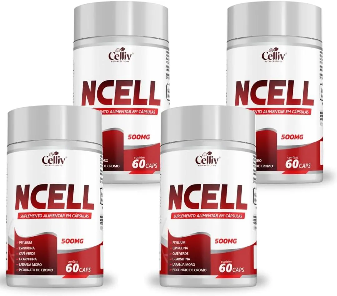 KIT 4X NCELL (PSYLLIUM, ESPIRULINA, CAFé VERDE, L-CARNITINA, LARANJA MORO E CROMO) 60 CAPS CELLIV