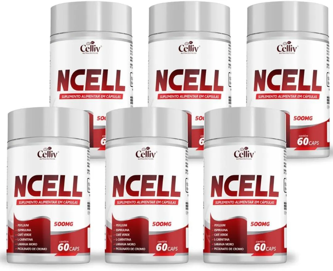 KIT 6X NCELL (PSYLLIUM, ESPIRULINA, CAFé VERDE, L-CARNITINA, LARANJA MORO E CROMO) 60 CAPS CELLIV