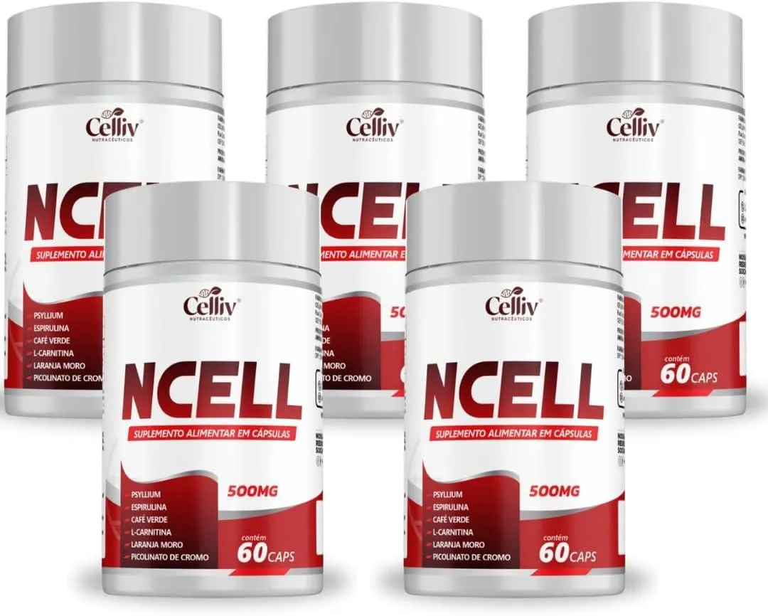 KIT 5X NCELL (PSYLLIUM, ESPIRULINA, CAFé VERDE, L-CARNITINA, LARANJA MORO E CROMO) 60 CAPS CELLIV