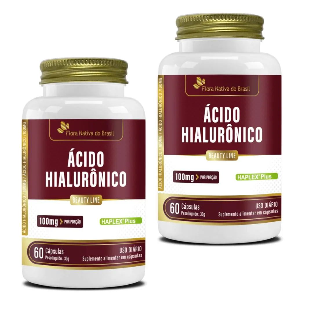 KIT COM 02 - ÁCIDO HIALURôNICO 100MG P/PORçãO 60 CáPSULAS FLORA NATIVA