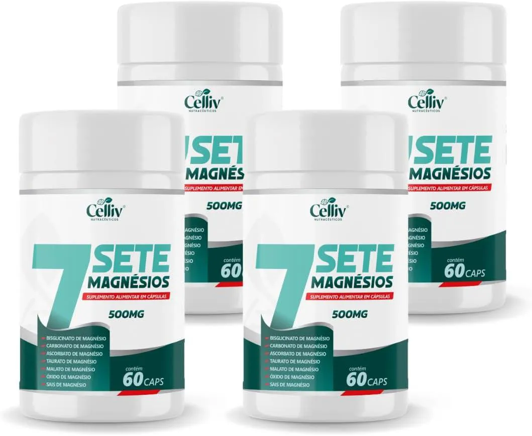 KIT COM 04-7SETE MAGNéSIOS (BISGLICINATO, CARBONATO, ASCORBATO, TAURATO, MALATO +) 60 CAPS 500MG CELLIV