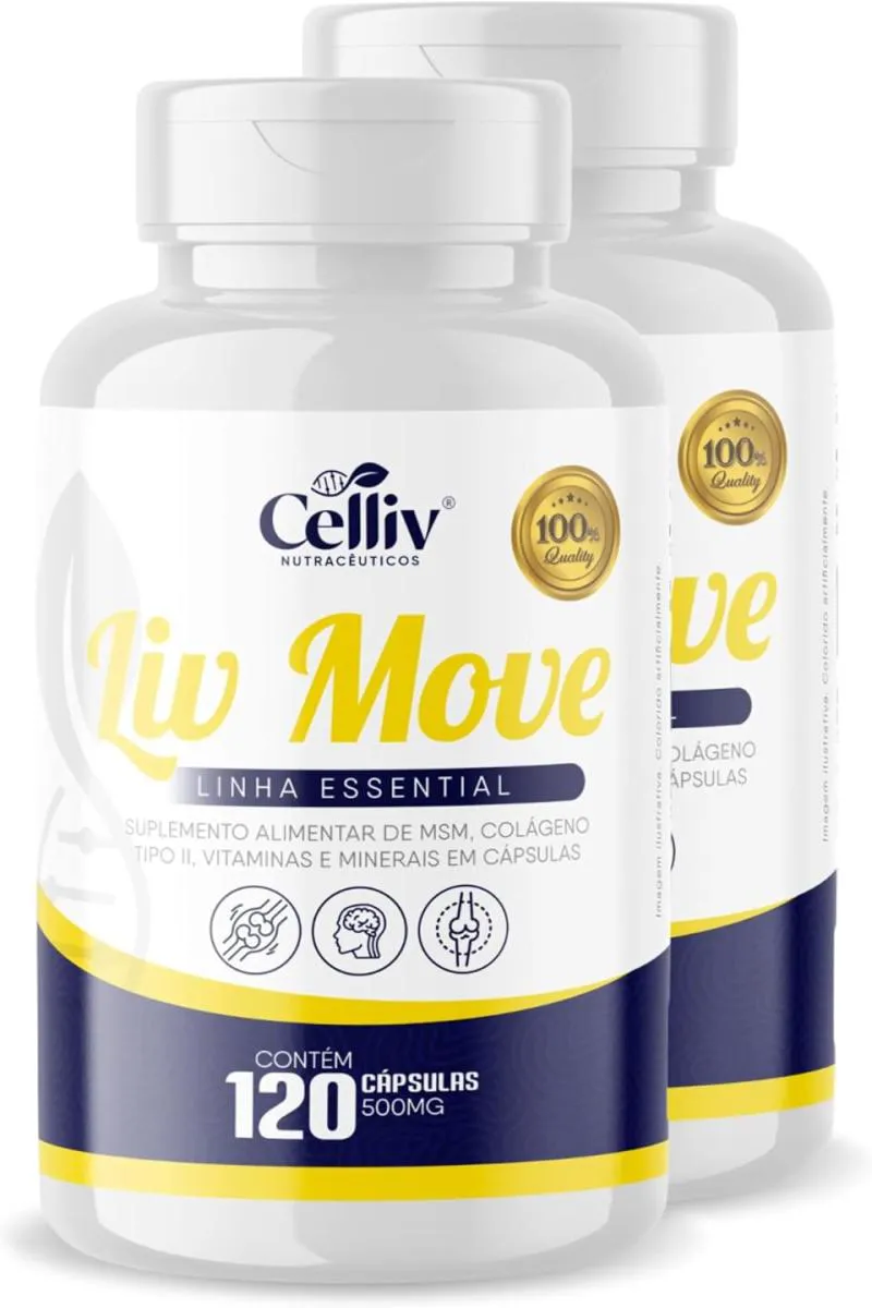 KIT COM 2 LIV MOVE - MSM, COLáGENO TIPO II, CáLCIO, MAGNéSIO E MANGANêS 120 CAPS DE 500MG CELLIV