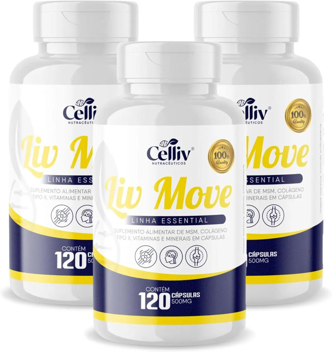KIT COM 3 LIV MOVE - MSM, COLáGENO TIPO II, CáLCIO, MAGNéSIO E MANGANêS 120 CAPS DE 500MG CELLIV