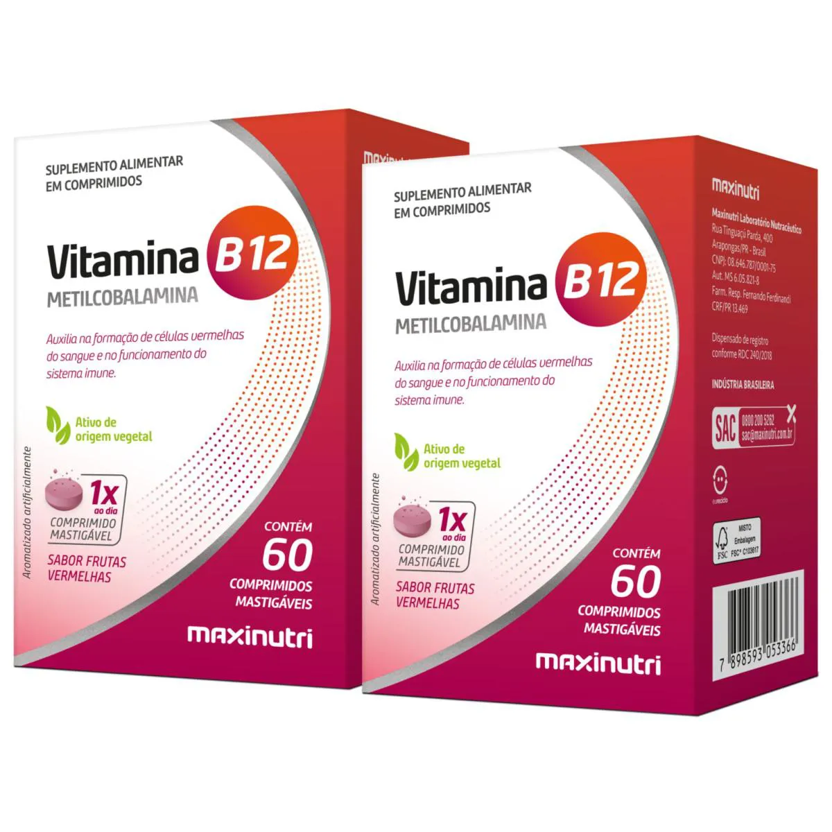 KIT 2 VITAMINA B12 METILCOBALAMINA 60 CAPSULAS MASTIGAVEIS MAXINUTRI
